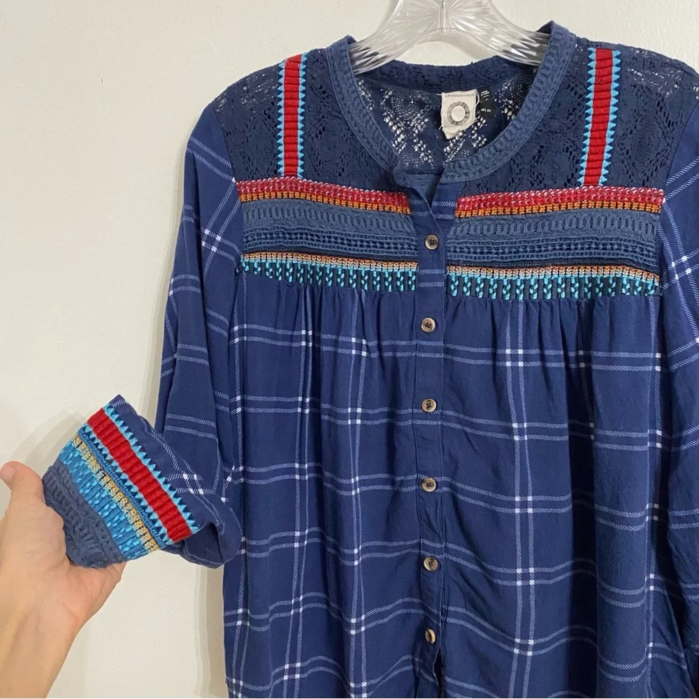 Akemi+Kin Anthropologie Navy Plaid Button-Up Blouse with Embroidered Details 8P - Picture 3 of 6